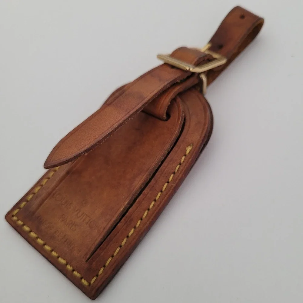 Louis Vuitton Vintage Vachetta Leather Luggage Tag Brown Gold Buckle Made France